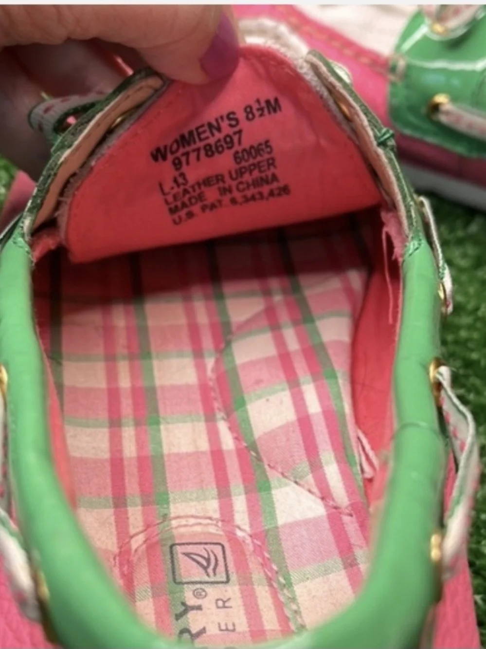 Sperry Pink Green White Plaid-Trim Boat Shoes